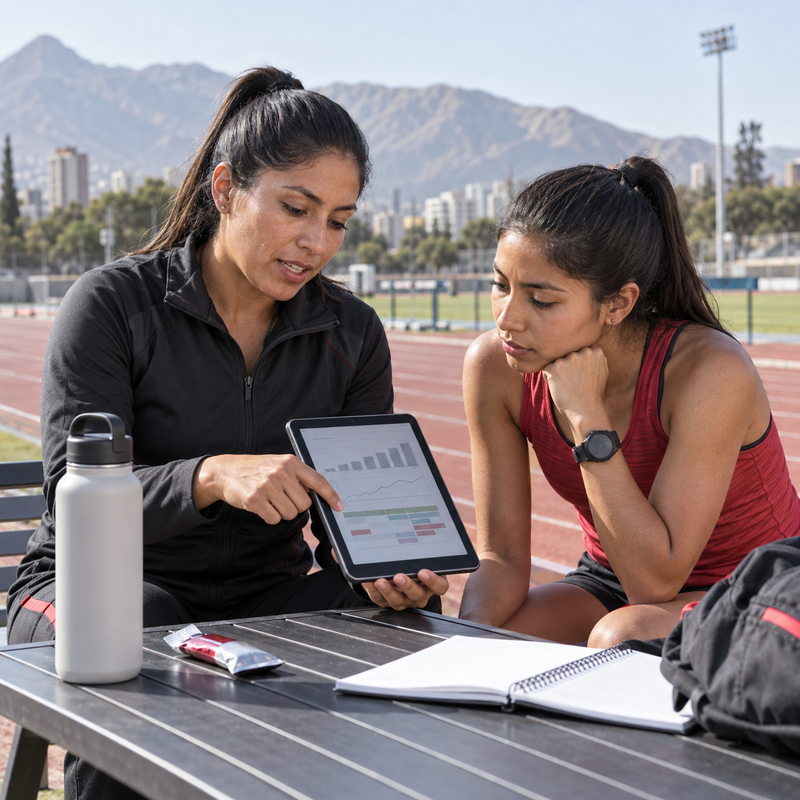 Entrenadora explicando un plan de entrenamiento a una corredora